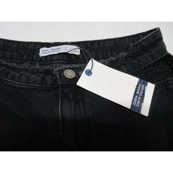 Zara basic Z1975 Denim women's black distressed mini‎ skirt with mesh, M - Picture 6 of 10